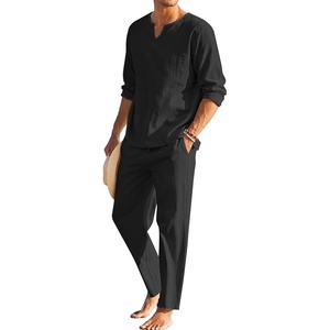 image:imageCOOFANDY Mens 2 Pieces Cotton Linen Set Henley Shirt Long Sleeve and Casual Beach Pants Summer Yoga OutfitsBlack