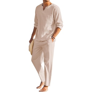 image:imageCOOFANDY Mens 2 Pieces Cotton Linen Set Henley Shirt Long Sleeve and Casual Beach Pants Summer Yoga OutfitsChampagne