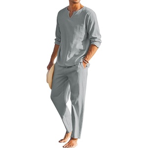 image:imageCOOFANDY Mens 2 Pieces Cotton Linen Set Henley Shirt Long Sleeve and Casual Beach Pants Summer Yoga OutfitsGrey