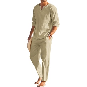 image:imageCOOFANDY Mens 2 Pieces Cotton Linen Set Henley Shirt Long Sleeve and Casual Beach Pants Summer Yoga OutfitsKhaki