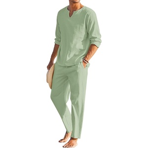 image:imageCOOFANDY Mens 2 Pieces Cotton Linen Set Henley Shirt Long Sleeve and Casual Beach Pants Summer Yoga OutfitsLight Green
