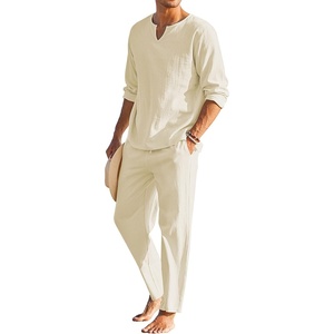 image:imageCOOFANDY Mens 2 Pieces Cotton Linen Set Henley Shirt Long Sleeve and Casual Beach Pants Summer Yoga OutfitsLight Khaki