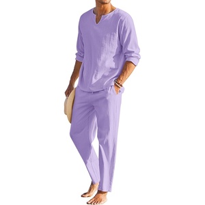 image:imageCOOFANDY Mens 2 Pieces Cotton Linen Set Henley Shirt Long Sleeve and Casual Beach Pants Summer Yoga OutfitsLilac