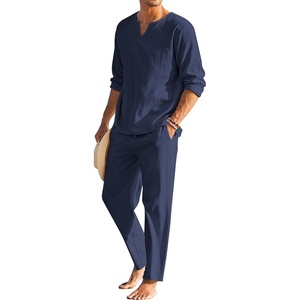 image:imageCOOFANDY Mens 2 Pieces Cotton Linen Set Henley Shirt Long Sleeve and Casual Beach Pants Summer Yoga OutfitsNavy Blue
