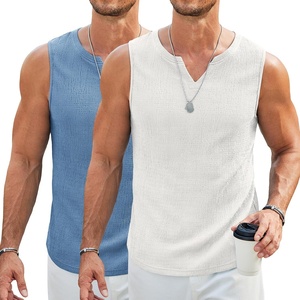 image:imageCOOFANDY Mens Casual Tank Tops Knit V Neck Sleeveless T Shirts 2 Pack Summer Beach Lightweight Muscle TeeWhiteBlue