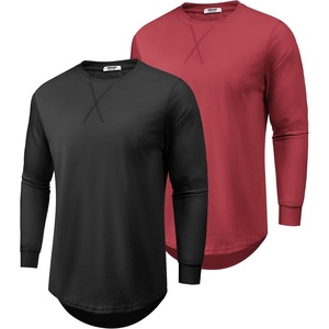image:imageCOOFANDY Mens Cotton Hipster Hip Hop Longline Crewneck T Shirts Casual Long Sleeve Tees Curved Hem Gym ShirtsTwo Pack Black  Wine Red