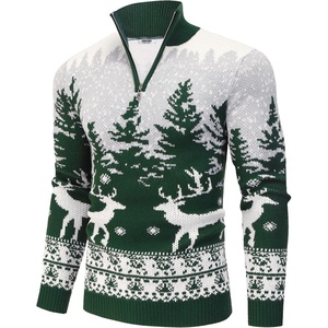 image:imageCOOFANDY Mens Quarter Zip Pullover Sweater Casual Zip Up Polo Sweater KnitGreen and White Deer