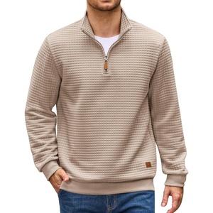image:imageCOOFANDY Mens Quarter Zip Pullover Sweatshirts 14 Zip Long Sleeve Sweater  Mock Neck Sweater Polo Casual Business Winter Fall Leather label and Zipper Pull quilted fabric with a grid patternLight Khaki