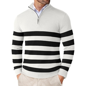 image:imageCOOFANDY Mens Quarter Zip Up Sweaters Slim Fit Lightweight Mock Pullover  Casual Polo Sweaters Quarter Zip Pullover Business Winter Fall Relaxed Fit Knit Turtleneck Sweater Metal Zipper PullBlack  White Stripe