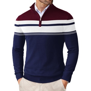 image:imageCOOFANDY Mens Quarter Zip Up Sweaters Slim Fit Lightweight Mock Pullover  Casual Polo Sweaters Quarter Zip Pullover Business Winter Fall Relaxed Fit Knit Turtleneck Sweater Metal Zipper PullWine Red  Navy Blue Stripe