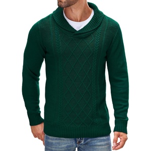 image:imageCOOFANDY Mens Shawl Collar Sweaters VNeck Relaxed Fit Cable PulloversDark Green