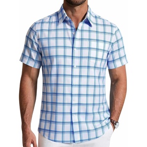 image:imageCOOFANDY Mens Short Sleeve Button Down Shirts Plaid Summer Dress Shirt with Pocket Business Casual Outfits for MenBlue White Plaid