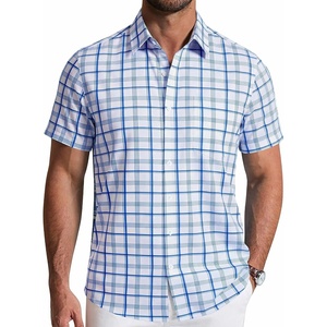 image:imageCOOFANDY Mens Short Sleeve Button Down Shirts Plaid Summer Dress Shirt with Pocket Business Casual Outfits for MenDark Blue White