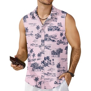 image:imageCOOFANDY Mens Sleeveless Beach Shirts Summer Button Up Tank Tops Casual Textured Tank ShirtPink Tropical Palm Tree