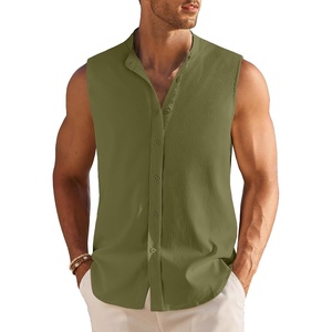 image:imageCOOFANDY Mens Sleeveless Button Up Shirts Summer Beach Tank Tops Collarless Casual Cruise Dress ShirtArmy Green