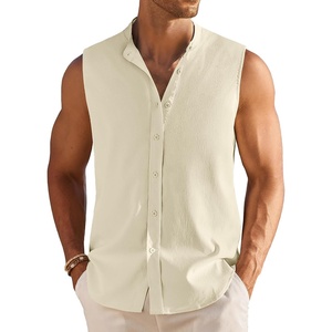 image:imageCOOFANDY Mens Sleeveless Button Up Shirts Summer Beach Tank Tops Collarless Casual Cruise Dress ShirtBeige