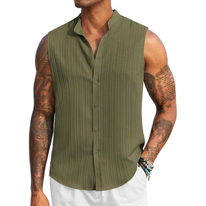 image:imageCOOFANDY Mens Sleeveless Summer Shirts Beach Tank Tops Button Up Textured Tank Shirt for VacationArmy Green