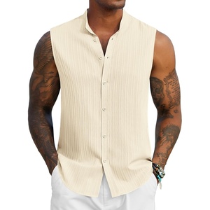 image:imageCOOFANDY Mens Sleeveless Summer Shirts Beach Tank Tops Button Up Textured Tank Shirt for VacationCream