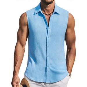 image:imageCOOFANDY Mens Summer Sleeveless Shirts Beach Knit Tank Top Button Up Casual Tank Shirt Vacation TopsLight Blue