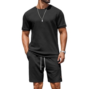 image:imageCOOFANDY Mens TwoPiece Set WrinkleResistant Stretch ShortSleeve TShirt and Shorts Summer Casual Textured OutfitsBlack