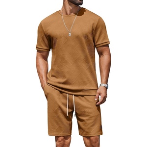 image:imageCOOFANDY Mens TwoPiece Set WrinkleResistant Stretch ShortSleeve TShirt and Shorts Summer Casual Textured OutfitsLight Brown