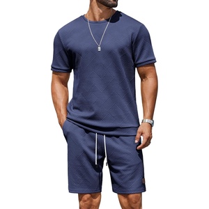 image:imageCOOFANDY Mens TwoPiece Set WrinkleResistant Stretch ShortSleeve TShirt and Shorts Summer Casual Textured OutfitsNavy Blue