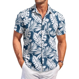 image:imageCOOFANDY Mens Casual Button Down Shirts Short Sleeve Summer Beach Vacation Untucked Dress Shirts with PocketLeafblue