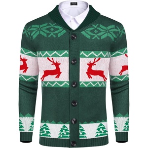 image:imageCOOFANDY Mens Christmas Cardigans Ugly Xmas Sweaters Reindeer Snowflake Shawl Collar Knitted Cardigan SweaterA  Green  B