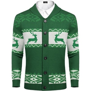image:imageCOOFANDY Mens Christmas Cardigans Ugly Xmas Sweaters Reindeer Snowflake Shawl Collar Knitted Cardigan SweaterA  Green  a