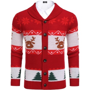 image:imageCOOFANDY Mens Christmas Cardigans Ugly Xmas Sweaters Reindeer Snowflake Shawl Collar Knitted Cardigan SweaterA  Red  C