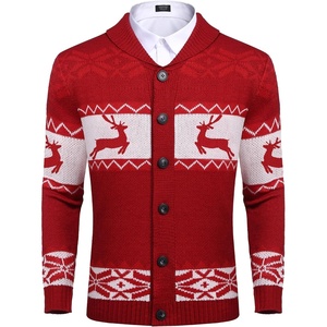 image:imageCOOFANDY Mens Christmas Cardigans Ugly Xmas Sweaters Reindeer Snowflake Shawl Collar Knitted Cardigan SweaterA  Red  a