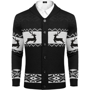 image:imageCOOFANDY Mens Christmas Cardigans Ugly Xmas Sweaters Reindeer Snowflake Shawl Collar Knitted Cardigan SweaterBlack