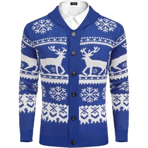 image:imageCOOFANDY Mens Christmas Cardigans Ugly Xmas Sweaters Reindeer Snowflake Shawl Collar Knitted Cardigan SweaterBluewhite Snowflake Elk