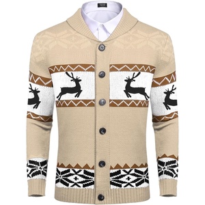 image:imageCOOFANDY Mens Christmas Cardigans Ugly Xmas Sweaters Reindeer Snowflake Shawl Collar Knitted Cardigan SweaterLight Apricot