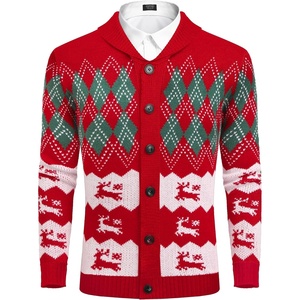 image:imageCOOFANDY Mens Christmas Cardigans Ugly Xmas Sweaters Reindeer Snowflake Shawl Collar Knitted Cardigan SweaterRed Elk Green White