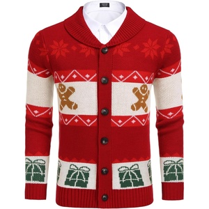 image:imageCOOFANDY Mens Christmas Cardigans Ugly Xmas Sweaters Reindeer Snowflake Shawl Collar Knitted Cardigan SweaterRed Gingerbread