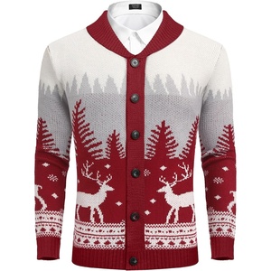 image:imageCOOFANDY Mens Christmas Cardigans Ugly Xmas Sweaters Reindeer Snowflake Shawl Collar Knitted Cardigan SweaterRedwhitegray