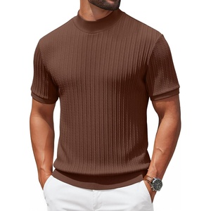 image:imageCOOFANDY Mens Mock Turtleneck Sweater Short Sleeve Casual Knit Tee Slim Fit Cable Ribbed Texture Pullover TopsBrown