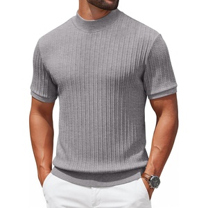 image:imageCOOFANDY Mens Mock Turtleneck Sweater Short Sleeve Casual Knit Tee Slim Fit Cable Ribbed Texture Pullover TopsLight Gray