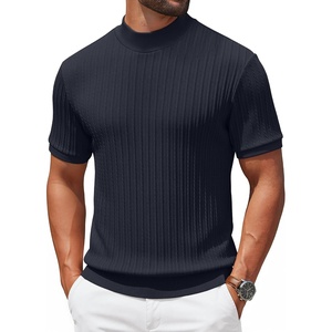 image:imageCOOFANDY Mens Mock Turtleneck Sweater Short Sleeve Casual Knit Tee Slim Fit Cable Ribbed Texture Pullover TopsNavy Blue