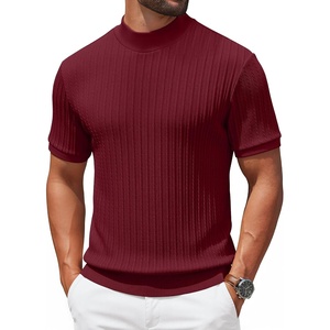 image:imageCOOFANDY Mens Mock Turtleneck Sweater Short Sleeve Casual Knit Tee Slim Fit Cable Ribbed Texture Pullover TopsWine Red