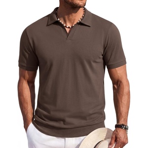 image:imageCOOFANDY Mens Polo Sweater Casual V Neck Summer Short Sleeve Beach Vacation Tops Cotton Collared Dress Work Golf SweaterLight Brown
