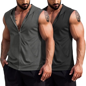 image:imageCOOFANDY Mens Workout Hooded Tank Tops Zip Up Sleeveless Hoodie Bodybuilding Fitness Gym Muscle Cut Off T ShirtDark GreyBlack2pcs