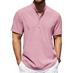 image:imageCOOFANDY Mens Casual Henley Shirt Short Sleeve Band Collar Shirt Summer Beach Hippie Vacation T Shirt with ButtonPink