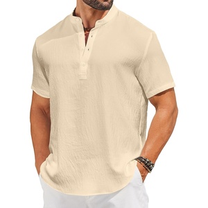 image:imageCOOFANDY Mens Casual Henley Shirt Short Sleeve Linen Shirt Band Collar Summer Hippie Beach TShirtsBeige