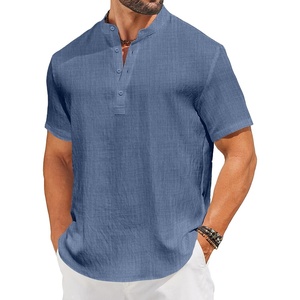 image:imageCOOFANDY Mens Casual Henley Shirt Short Sleeve Linen Shirt Band Collar Summer Hippie Beach TShirtsDenim Blue