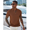 image:imageCOOFANDY Mens Textured Knit Polo Shirts Zipper Polo Shirts Short Sleeve Casual Lightweight Golf ShirtLight Brown