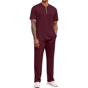 image:imageCOOFANDY Mens 2 Piece Outfit Quarter Zip Short Sleeve Top amp Pants Set  Tracksuits Activewear Clothing Set Workout Top amp Bottom Sets 14 Zip Polo Shirt and Jogging Pants Leisure Suits for MenDark Red