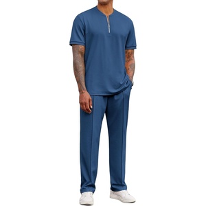 image:imageCOOFANDY Mens 2 Piece Outfit Quarter Zip Short Sleeve Top amp Pants Set  Tracksuits Activewear Clothing Set Workout Top amp Bottom Sets 14 Zip Polo Shirt and Jogging Pants Leisure Suits for MenDark Blue