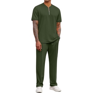 image:imageCOOFANDY Mens 2 Piece Outfit Quarter Zip Short Sleeve Top amp Pants Set  Tracksuits Activewear Clothing Set Workout Top amp Bottom Sets 14 Zip Polo Shirt and Jogging Pants Leisure Suits for MenArmy Green